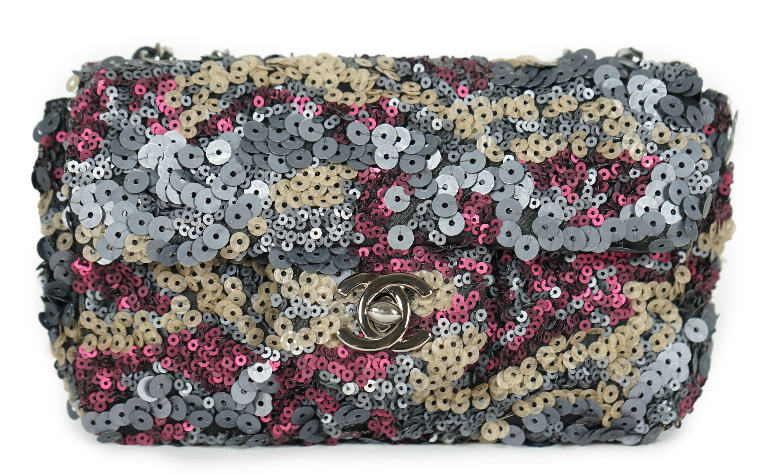 A Chanel 2012 Classique sequined mini shoulder bag, height 11cm, height overall 36cm, width18cm, depth 6.5cm, Please note this lot attracts an additional import tax of 20% on the hammer price